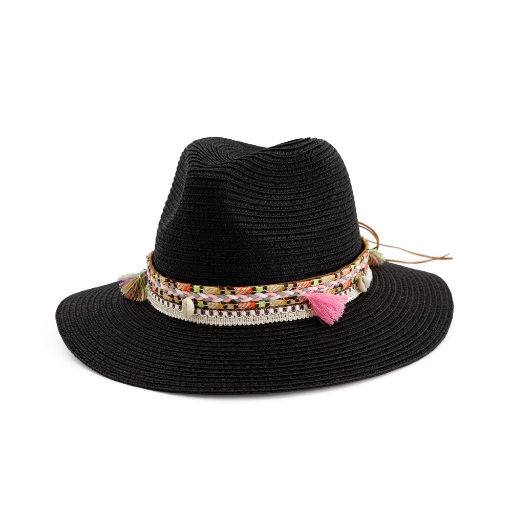 Hoaree strå solhatt vit panama hatt strand dam sommar kepsar sombrero kvinnlig fedora casual dam chapeau: Svart