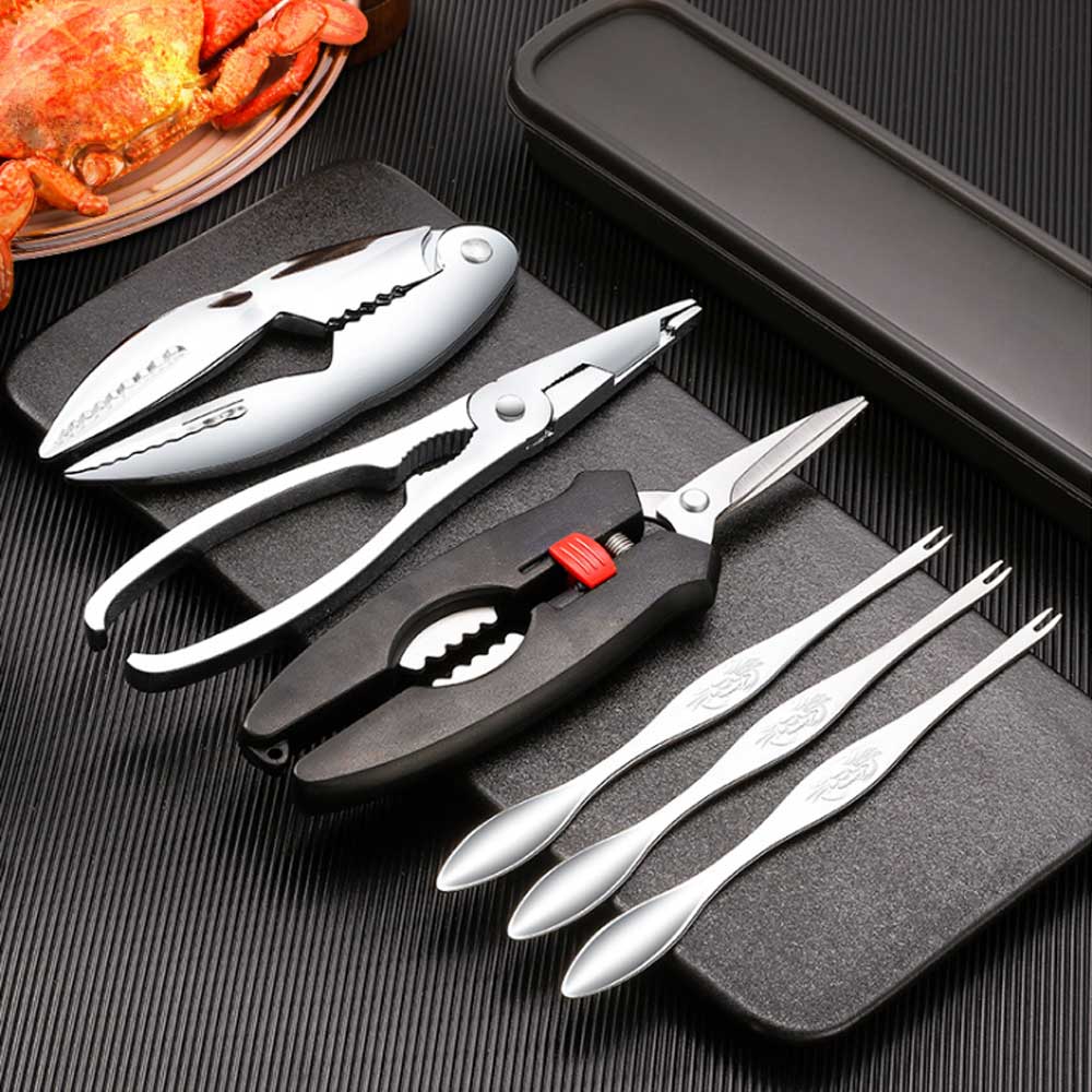 Juego de pinzas de acero inoxidable para comer cangrejo, pinzas de acero inoxidable para pelar camarones, langosta, utensilios para mariscos, galletas, cucharas, accesorios de cocina, 6 piezas