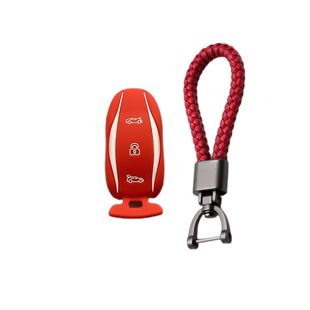 3-knoppen siliconen autosleutel beschermhoes beschermer rubberen huid houder sleutelhanger accessoires voor Tesla Model S P85D P70 afstandsbediening set: Paars