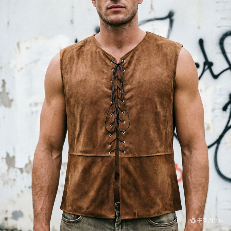 Middeleeuws renaissance vest van suède leer voor heren, mouwloos vest met veters voor historische, LARP & cosplay kostuums