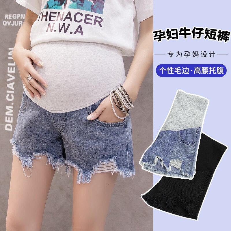 181#  sommer rippede hulbesætninger denim barsel shorts mave shorts tøj til gravide kvinder løs graviditet korte jeans