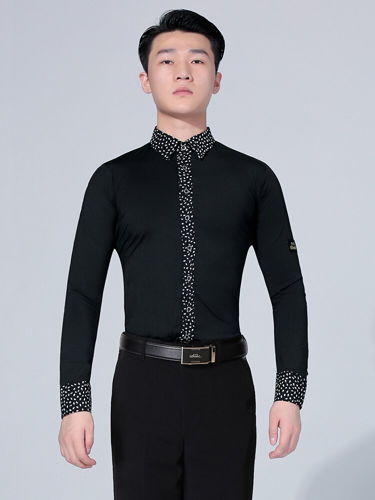 Doble de los hombres de camisas ropa de baile de salón vals tango Latina largo para baile de manga práctica negro rendimiento: S