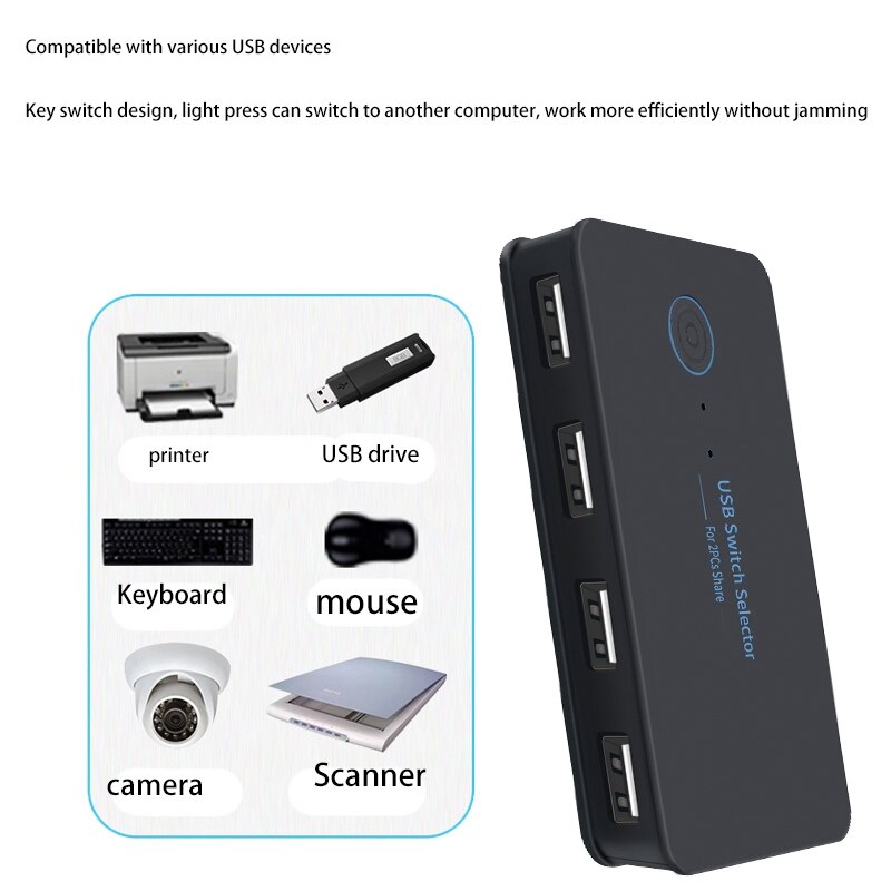 2 in 4 Out Switch Selector 2 Port Pcs Sharing 4 Devices USB2.0 for Keyboard Mouse Scanner Printer Hub Multifunctional