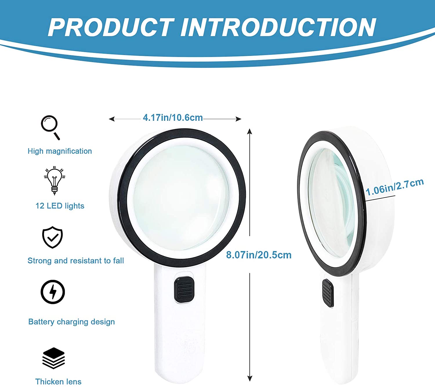Handheld Reading Magnifier with LED Lights Portable Non-slip Magnifying Glass with Long Handle 30X