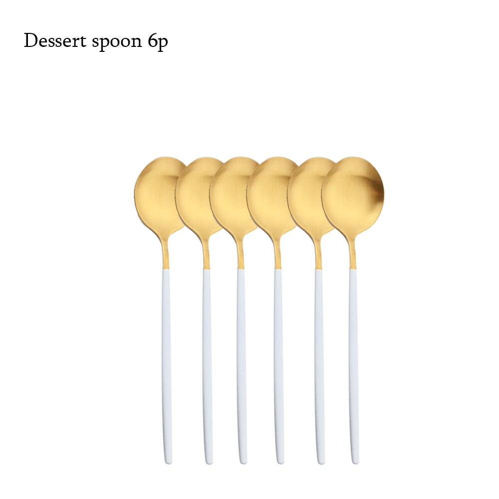 6Pcs Bestekset Rvs Zilverwerk Mes Vork Thee Lepel Servies Wit Goud Servies Bestek Keuken Diner Set: Dessert spoon