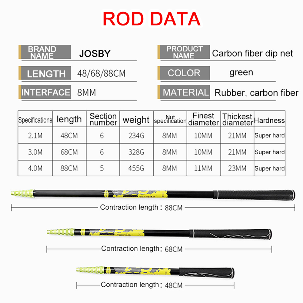 JOSBY 3m 4m 2.1m Fishing Net Fish Landing Net Foldable Collapsible Telescopic Pole Handle Durable Mesh