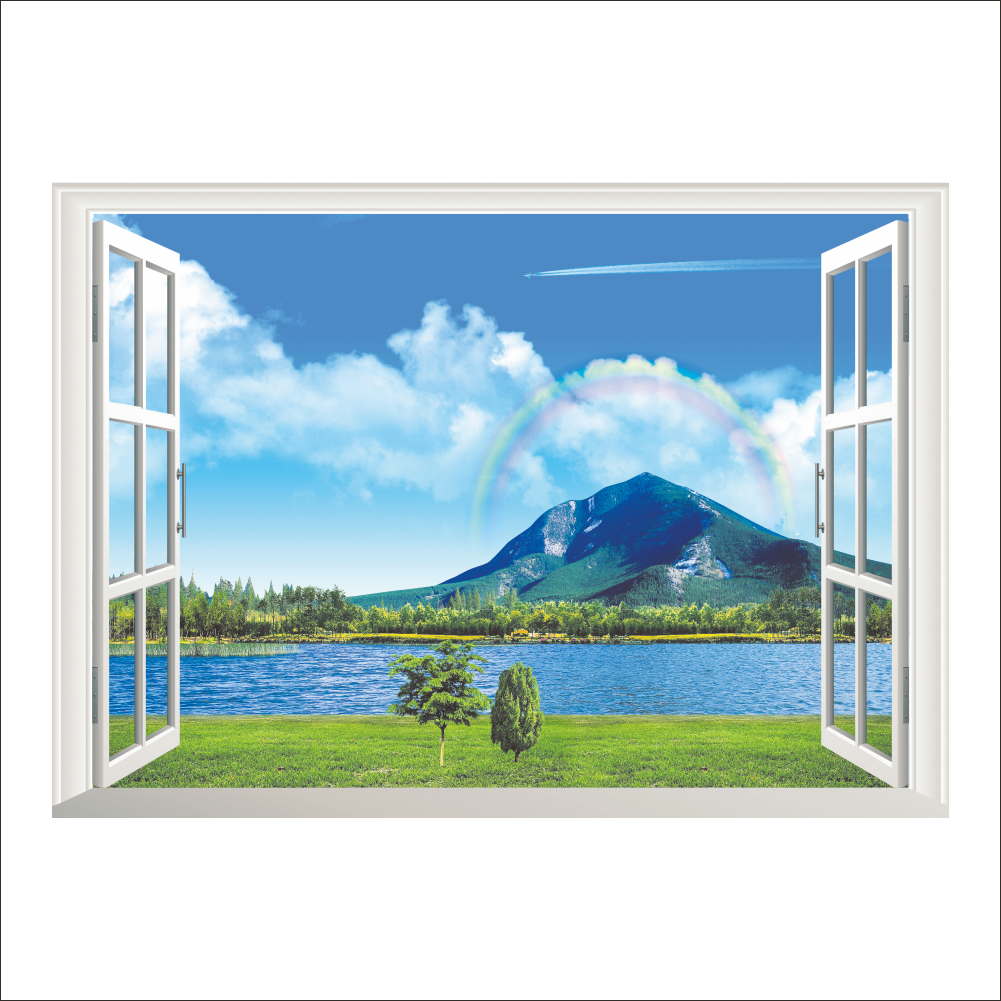 3d raam gebroken muur boslandschap in vier seizoenen landschap muursticker groene boom verwijderbaar behang huissticker huisdecoratie: 14169