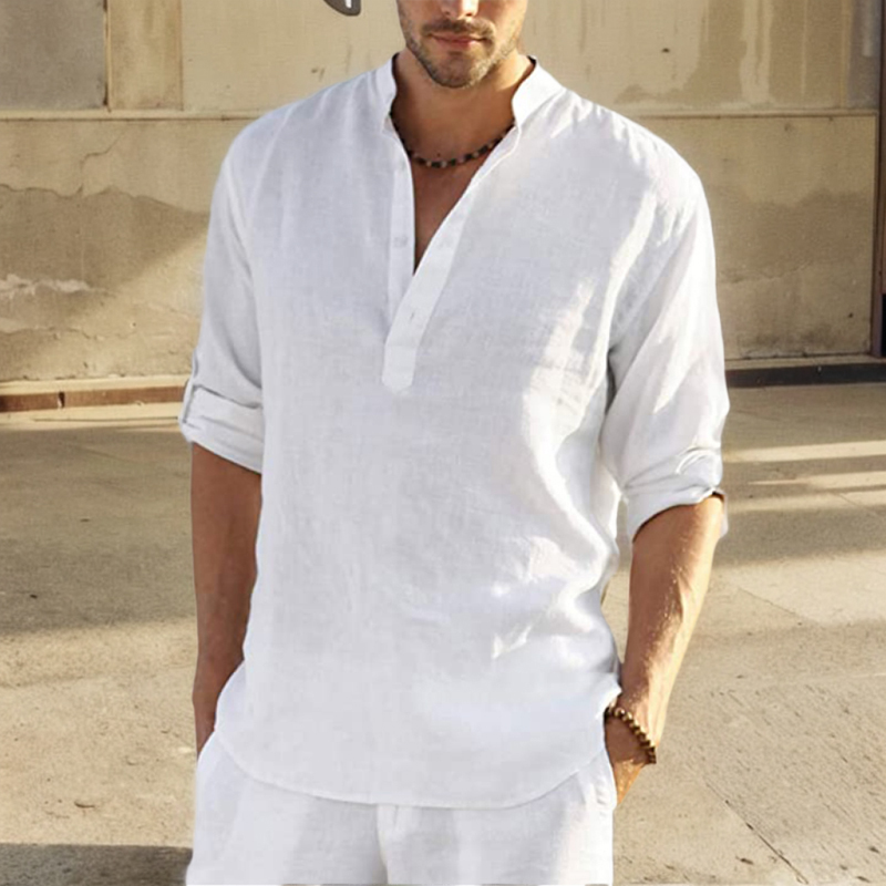 2024 lässig Bluse verlieren Baumwolle Leinen Männer Hemd Stehen Kragen Reine Lange Hülse T-Shirt Hübsche Passende oben Kleidung