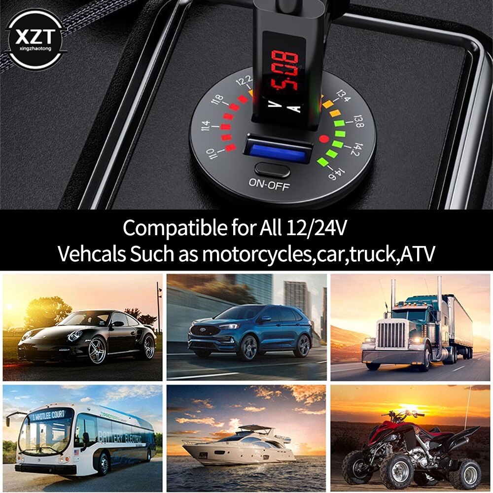 QC3.0 Dual USB Cigarette Lighter Car Charger with LED Streamlight Voltmeter 12-24V Waterproof 2 Ports Power Socket ON/OFF Switch