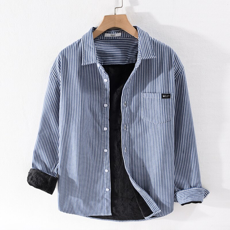 Winter en herfst gestreept met fluweel warm overhemd heren casual comfortabele overhemden voor heren streep chemise camisa