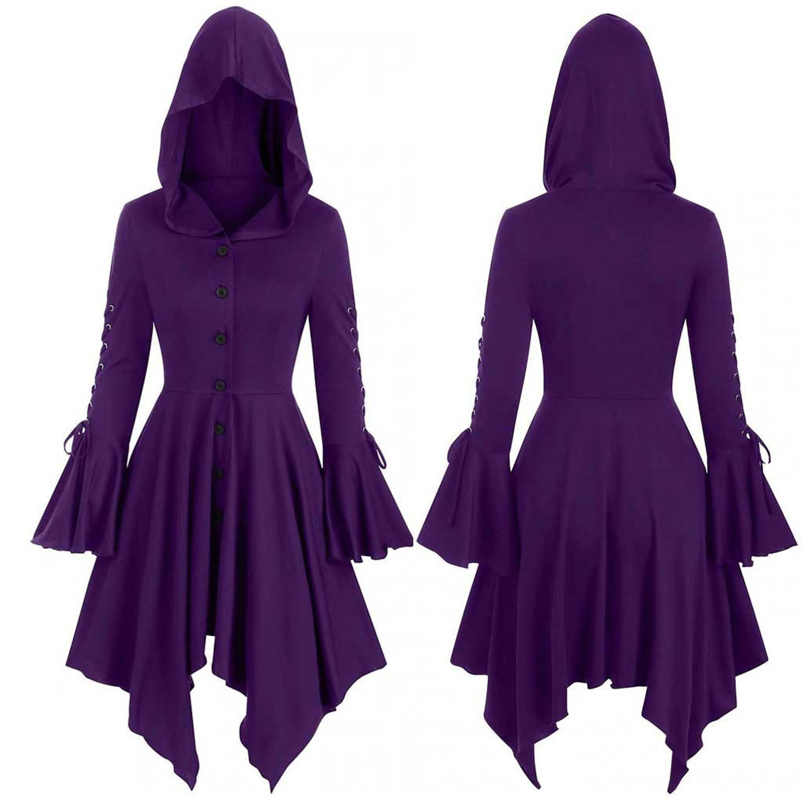 Vintage Women Cosplay Costume Medieval Lace Up Hooded Pullover For Women Victorian Casual High Low Bandage Long Dress Cloak: L / PURPLE