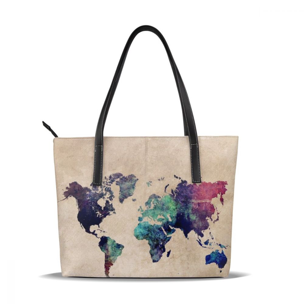 World Maps Handbag World Maps Top-handle Bags Trend Teen Leather Tote Bag Large Pattern Women Handbags: World Map C