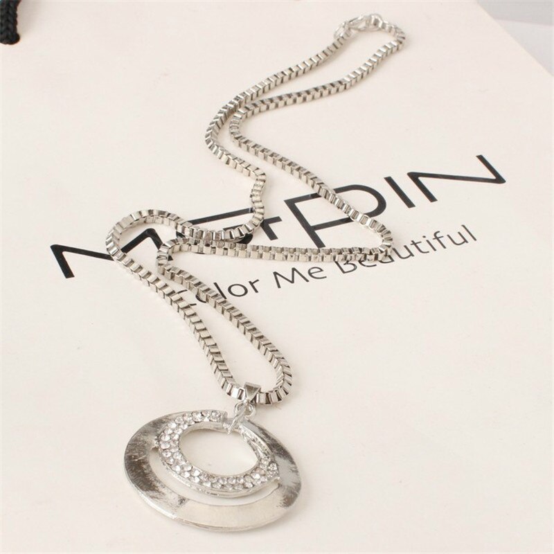 Pretty Women's Silver Color Choker Crystal Rhinestone Long Chain Double Circle Pendant Charm Necklace