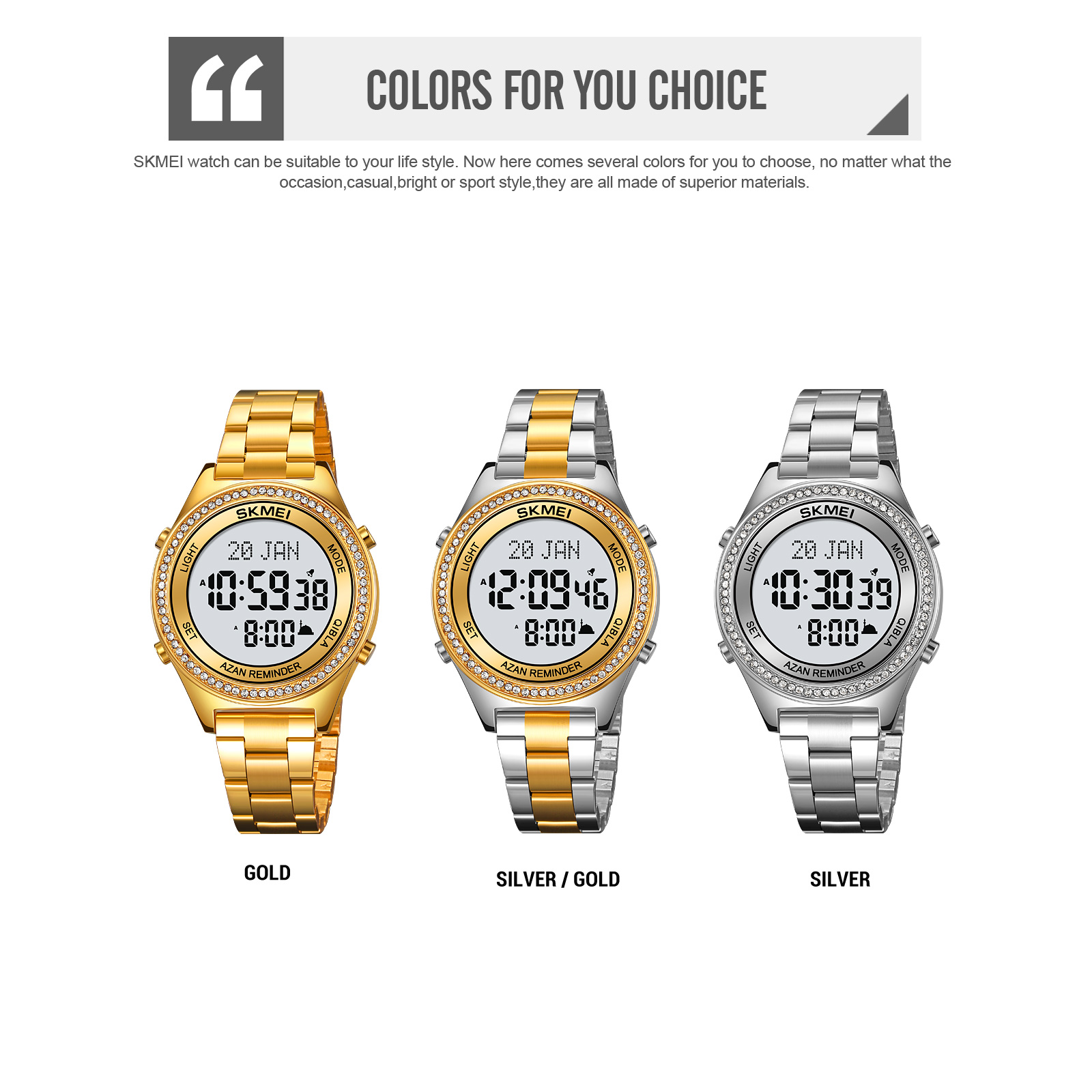 SKMEI Women Worship direction indication Muslim Azan Digital Watch Led Light Watch Pilgrimage Time Reminder Function Watch 2330