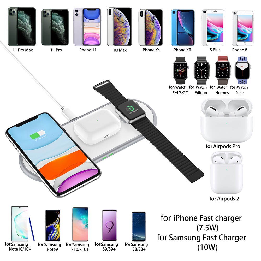 FDGAO 3 en 1 Qi cargador inalámbrico 15W almohadilla de carga rápida inalámbrica para iPhone 11/X/XS/XR/8 para Apple Watch Series 5 4 3 Airpods Pro