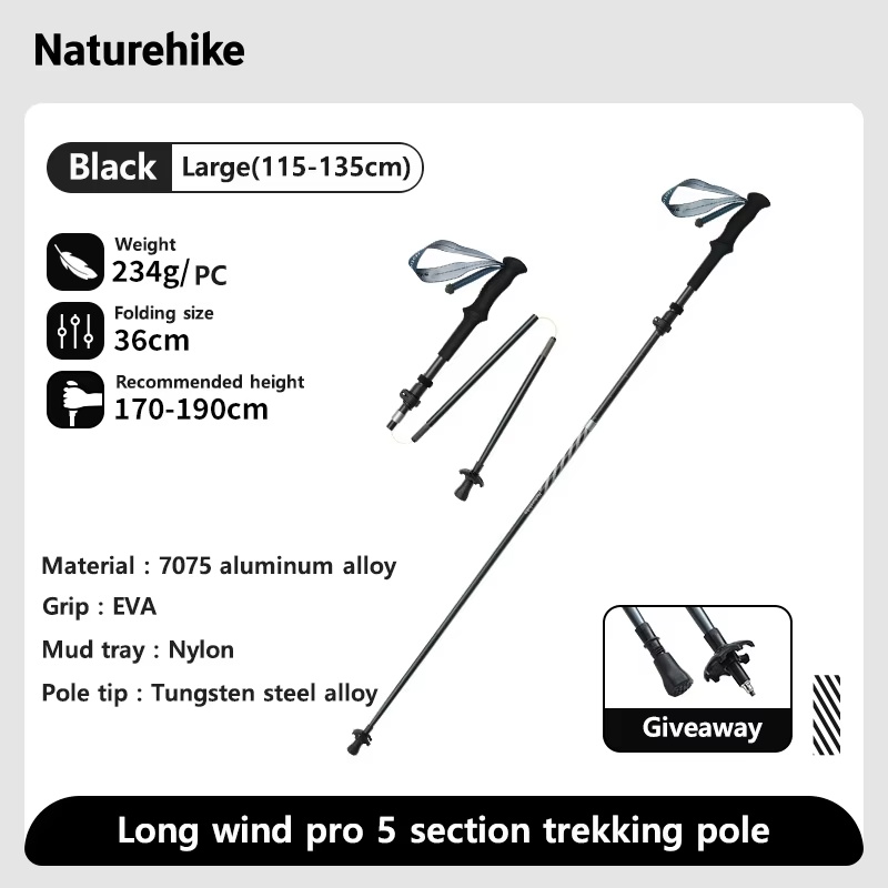 Naturehike Long Wind Trekking Poles Carbon Fiber 7075 Aluminum Alloy Five-section Folding Lightweight Walking Sticks Climbing: Navy Blue