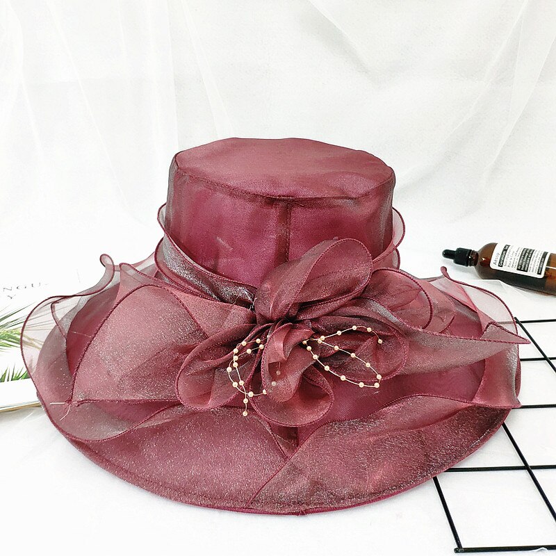 Women's Organza Church Fascinator Bridal Tea Party Wedding Hat Ladies Female Fedoras Solid Color Cute Outdoor Cap: Purple red
