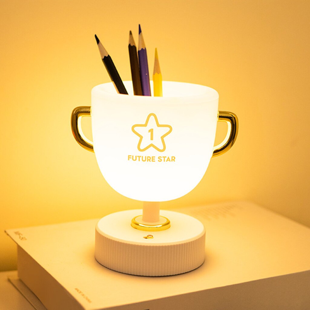 Multifucntional Pen Holder Trophy Shaped Pen Cup W/ 7 Color Night Light 1200mAh Battery USB Rechargeable for Office Desk