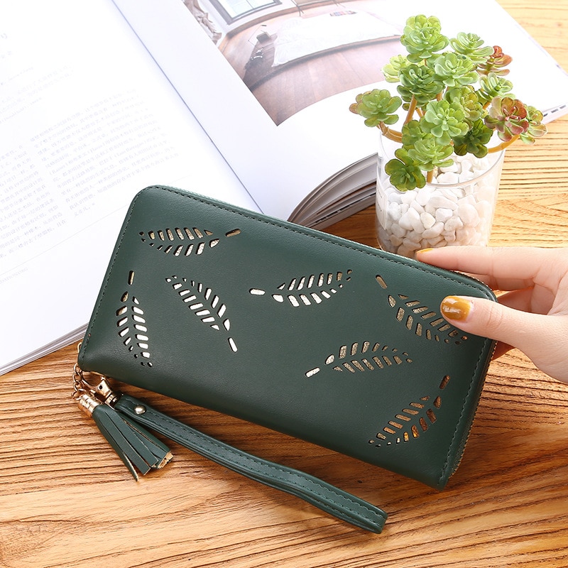 Women Wallet Luxury Leather Wallets For Women Long Zipper Coin Purses Credit Card Hollow Leaves Pouch Handbag Lady Holders Bags