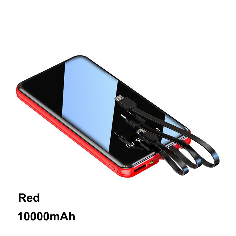 Pinzheng 20000Mah Draagbare Power Bank Full Screen Ingebouwde 3 Kabels Powerbank Voor Iphone Xiaomi Snelle Opladen Externe batterij: Red 10000mAh