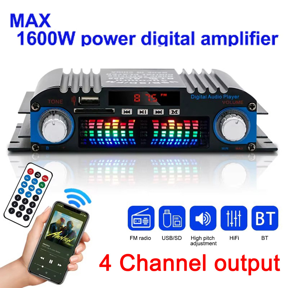 1600W Peak Power HiFi Sound Amplifier Digital 4 Channel Audio Amplifier Bluetooth Karaoke Player FM Radio Support Remote Control
