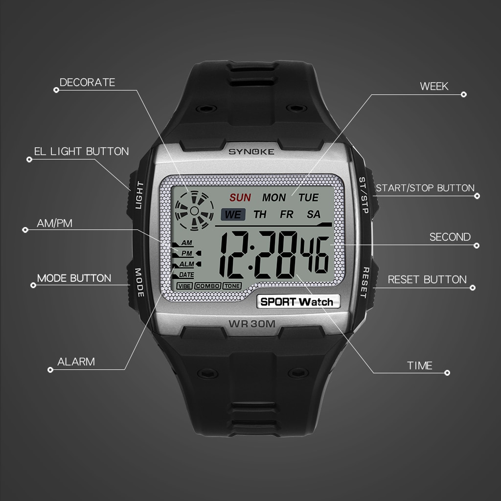 Synoke Sport Mannen Digitale Horloges Casual Grote Wijzerplaat Waterdicht Wekker Stopwatch Chronograaf Led Display Relogio Masculino