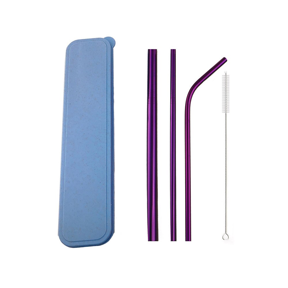 Metallinen juomapillisarja ruostumaton teräspilli 1pc söpöä sinistä laatikkopakkausta 3pc uudelleenkäytettävien pillien puhdistusharja juhlabaarille: Violetti 215 x 12mm