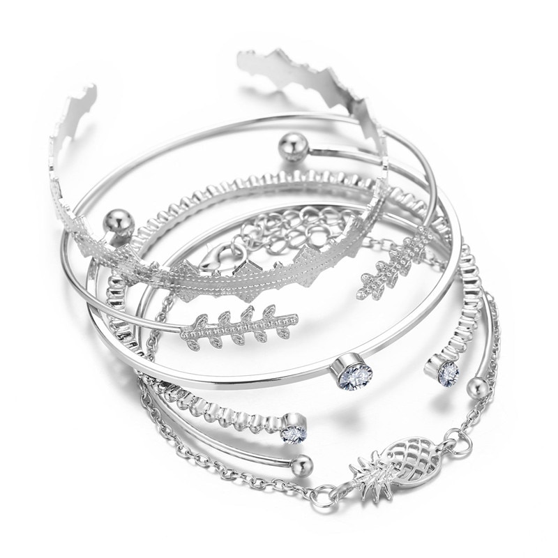 Woozu 6Pcs/set Bohemian Silver Color Pineapple Crystal Opal Open Bracelet Set For Women Punk Boho Beach Bangle Jewelry