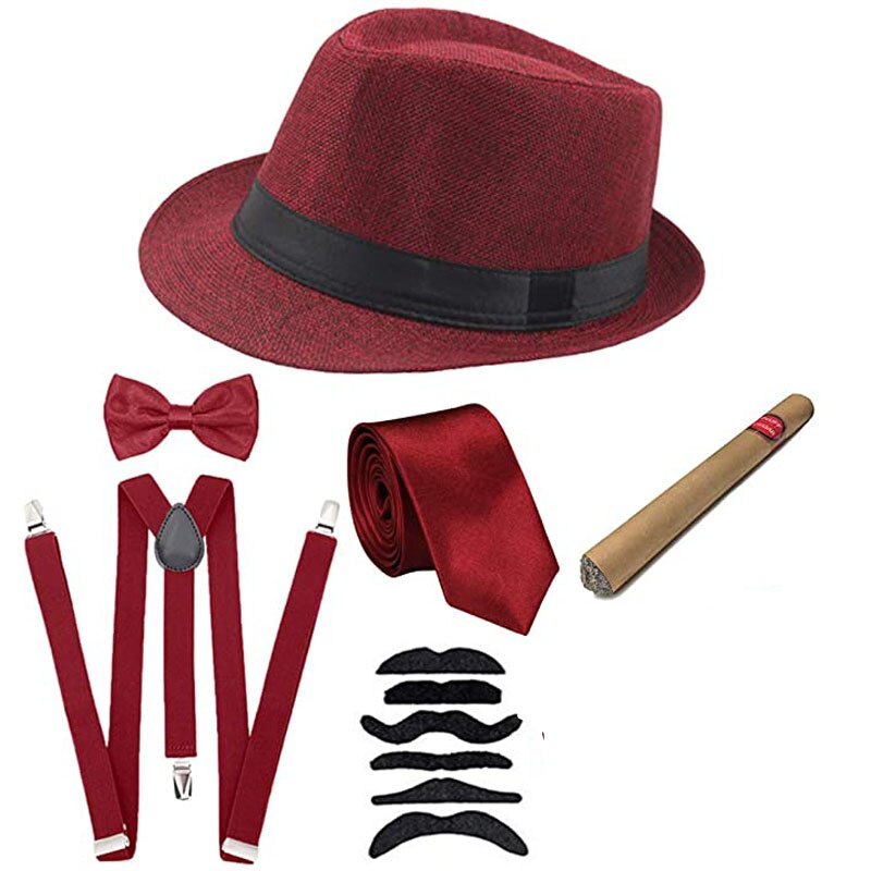 Halloween Cosplay Costume 1920s Mens Gatsby Gangster Accessories Set - Fedora Newsboy Hat Suspenders Armbands Tied Bowtie: red