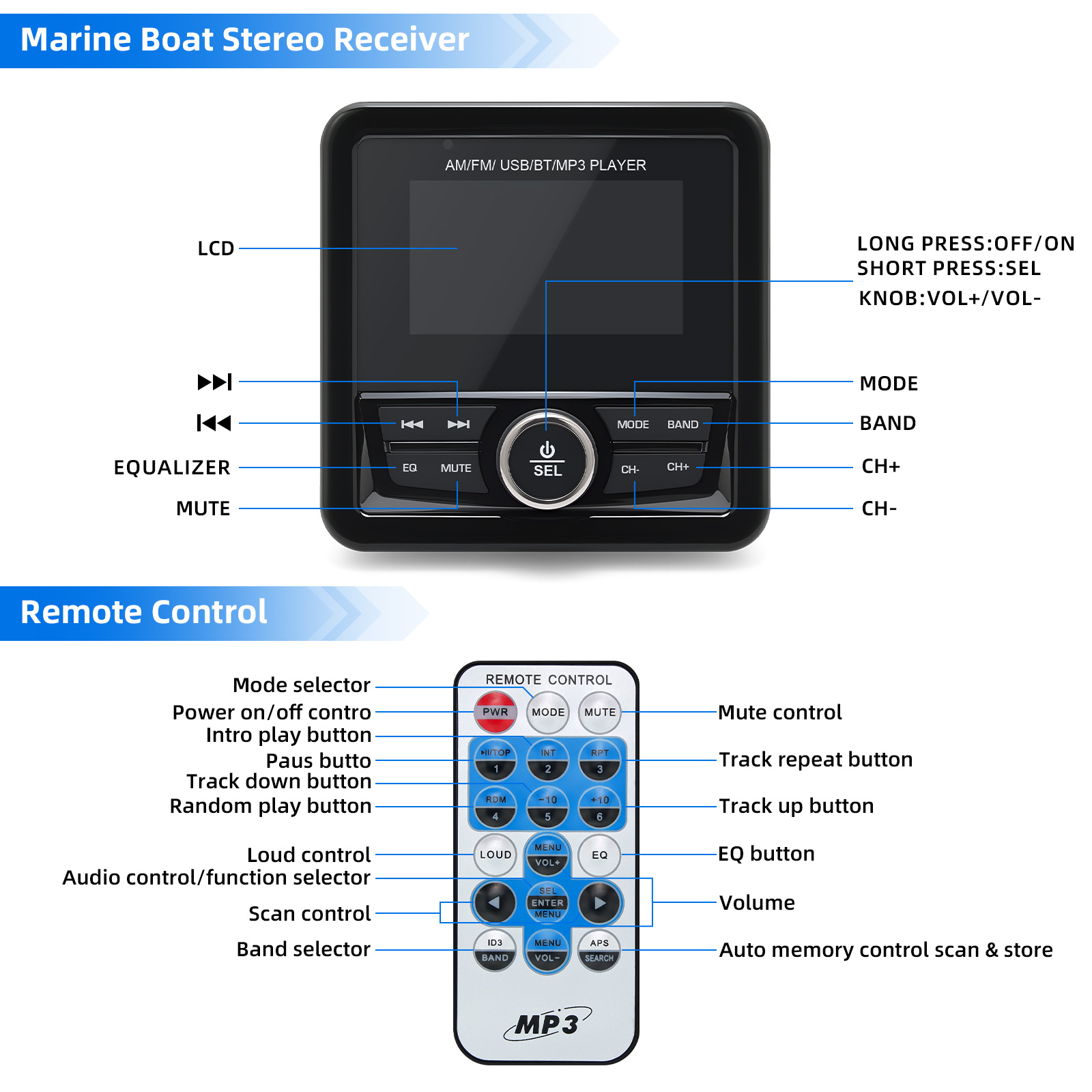 Marineradio, bootsstereoanlage, bluetooth-fähig, fm/am-digital-media-audioplayer, wasserdichtes bootszubehör für yacht, atv und utv