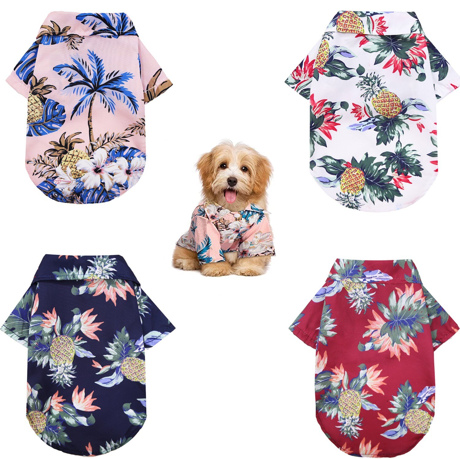 Camisetas hawaianas para perros y gatos, ropa con estampado de árbol de coco, traje para mascotas, 4 piezas: Summer / M-3-4KG