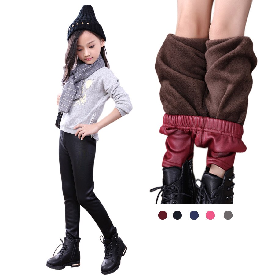 Imitert skinn vinter jenter leggings barn tykk fløyel legging baby barn bukser solid slank pjokk jente klær