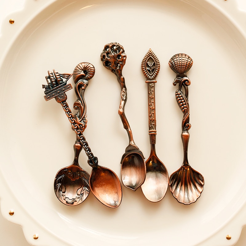 5 st dessert skedar vintage kungligt kaffe spoonteaspoon metall snidade frukt mellanmål skedar för kök matsal bar bestick bestick: Röd koppar