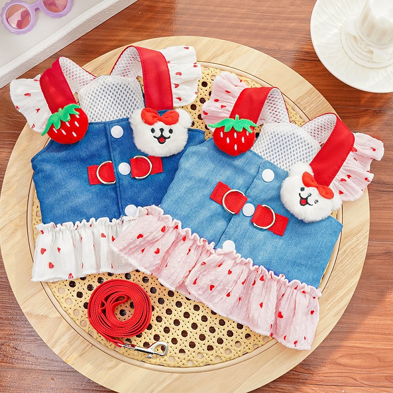 Robe harnais pour chien imprimé cœur avec laisse, jupe de princesse en Denim de luxe pour chiot, harnais pour chat mignon, corde de marche en plein air pour animaux de compagnie, vêtements pour chiens