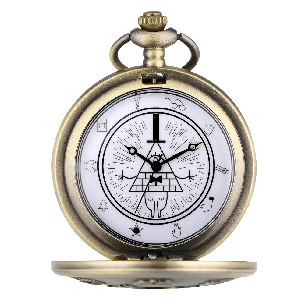 Retro Bronze Necklace Jewelry Chain Clock Quartz Analog Steampunk Bill Cipher Gravity Falls Pocket Watch For Men