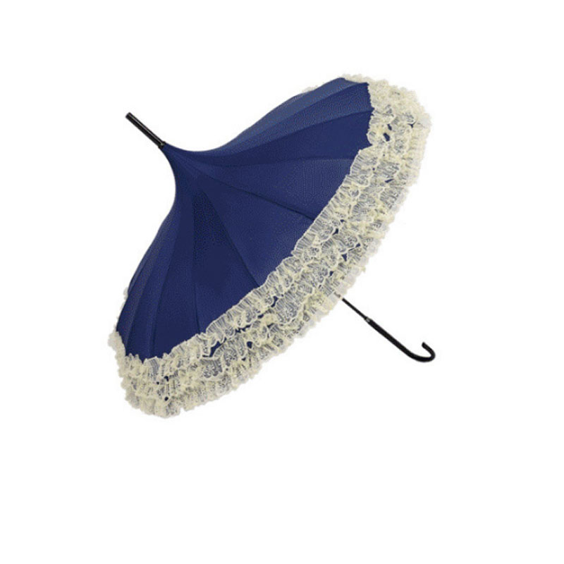Princess Lace Pagoda Umbrellas For Straight Bar Semi Automatic Long Handle Hook Rain Gear Lady Sunshade Unbrellas Women Parasol: Navy Blue