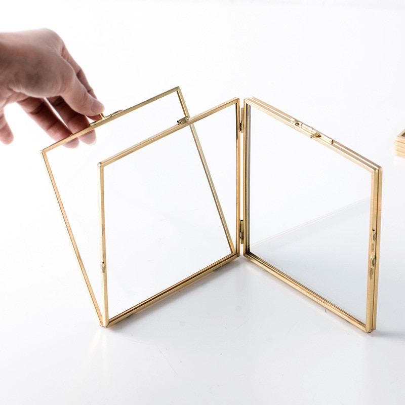 Folded Double-Sided Glass Metal Photo Frame, Botanical Specimen Holder, Electroplated Gold-Covered Display Stand