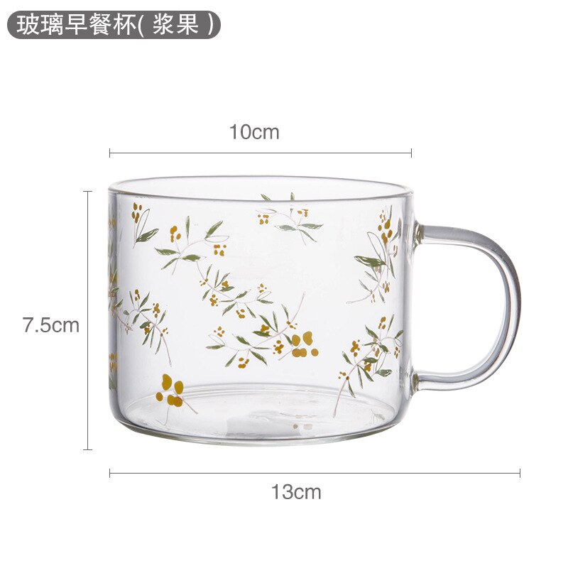 Taza de vidrio transparente con estampado de dibujos animados, vaso de café de vidrio de alto borosilicato con asa, taza de leche para desayuno y postre, 500ml, 1 unidad: Berries