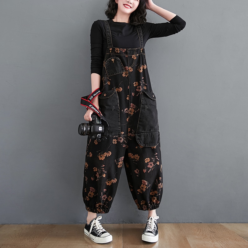 Losse Jeans Zwarte Jumpsuit Vrouwen Casual Oversized Baggy Dames Broek Grote Zakken Print Bloemen Denim Overalls Bandjes Jean Rompertjes