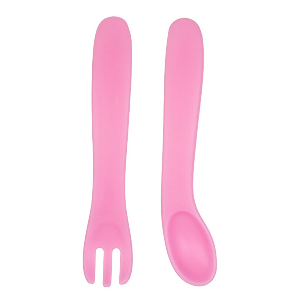 Portable Curved Spoon Fork Set Baby Eat Training Curved Utensils Plastic Safe Non-slip Spoon Fork Elbow Food Tableware: Pink