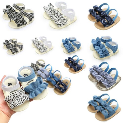 Baby Girl Cute Sandals Princess Summer Beach Dots Plaid Bowknot Shoes Toddler Kids PU Leather Sandles 0-18 Months