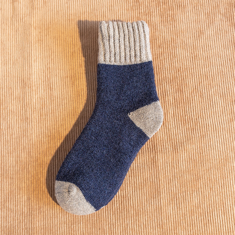 5pairs Winter Socks Stitching Color Trend Men&#39;s Super Thick Solid Loop Warm Socks Wool Socks Cold Snow Socks Large Size38-46: 5pairs Navy