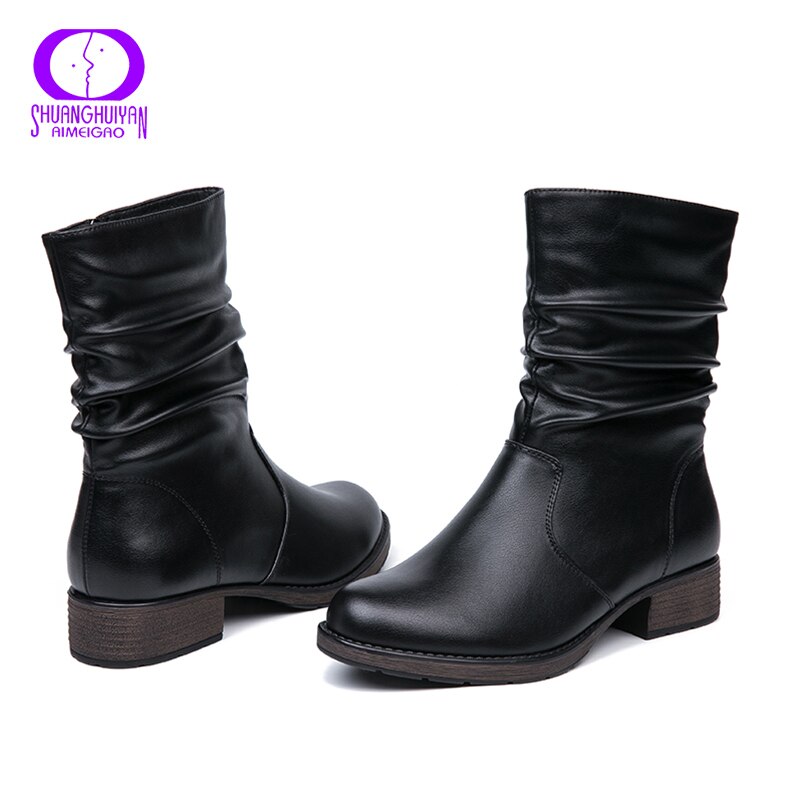 AIMEIGAO-Botas plisadas clásicas de lana para mujer, zapatos de cuero suave con cremallera, protección de trabajo ligera, impermeables, para invierno
