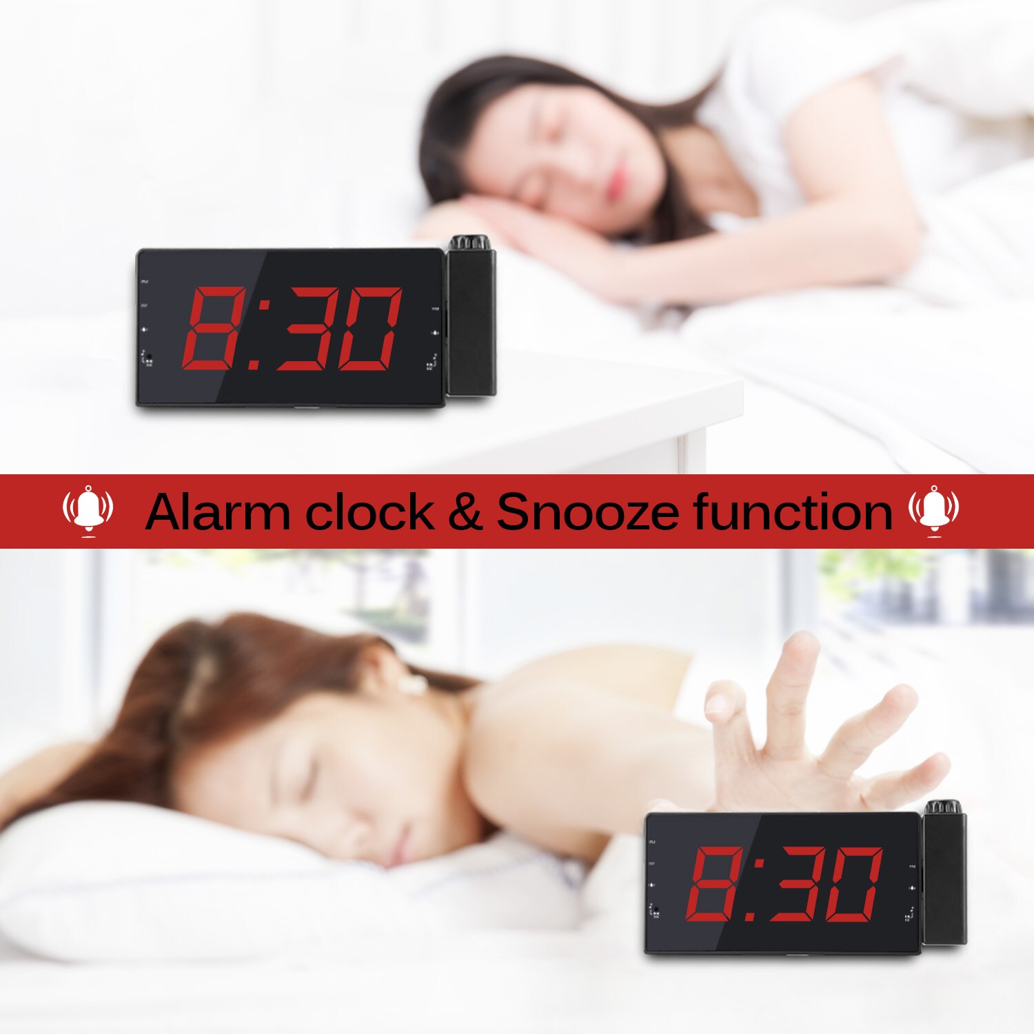 Usb projektionsväckarklocka led display tid digital väckarklocka med roterbar projektor dubbelt larm fm radio snooze funktion