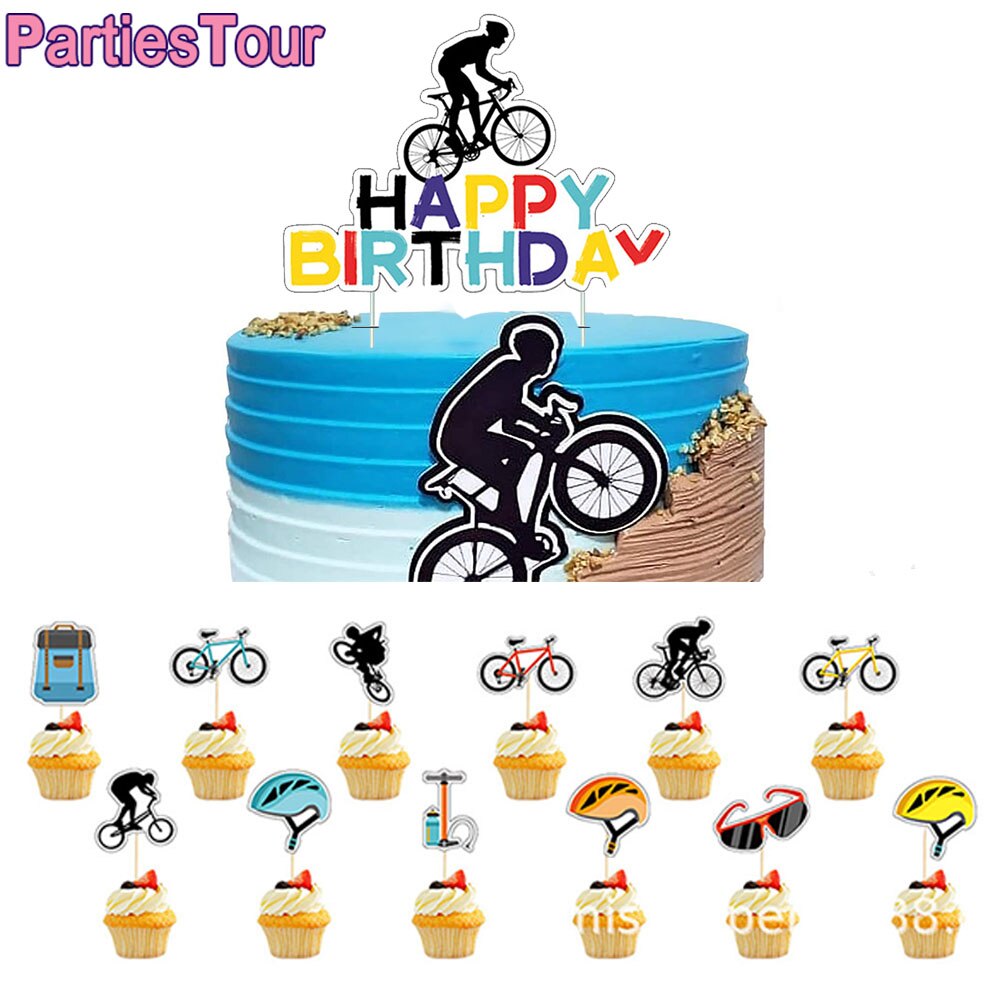 Décoration de gâteau de vélo, décoration de gâteau joyeux anniversaire, décoration de Cupcake pour thème sportif, fournitures de fête d'anniversaire pour hommes ou garçons