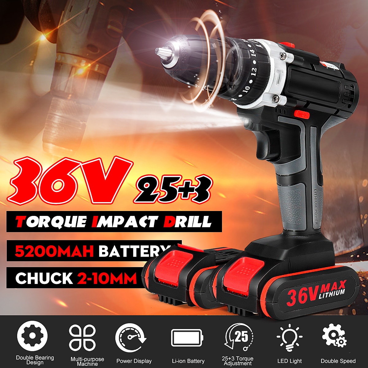 25+3 Torque 36V Cordless Electric Impact Drill Li-ion Battery Screwdriver LED Working Light DIY Home Hand Flat Drill Power Tools
