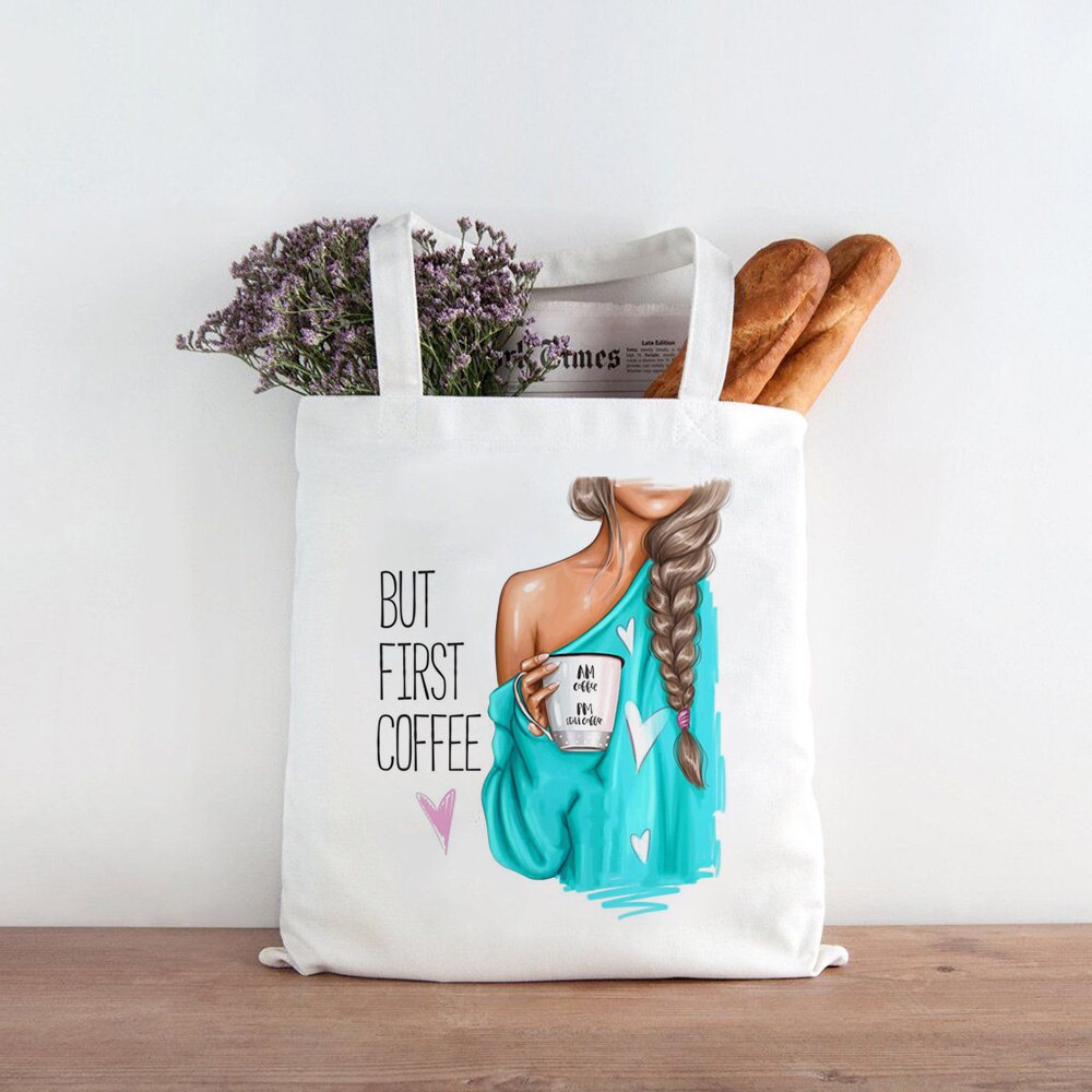 Canvas Shopping Bag Reusable Eco FriendlyTote Bag Coffee First Mom Life Shopper Book Bags Teacher Student Shoulder Bag Compra: B1643-TBWH-M