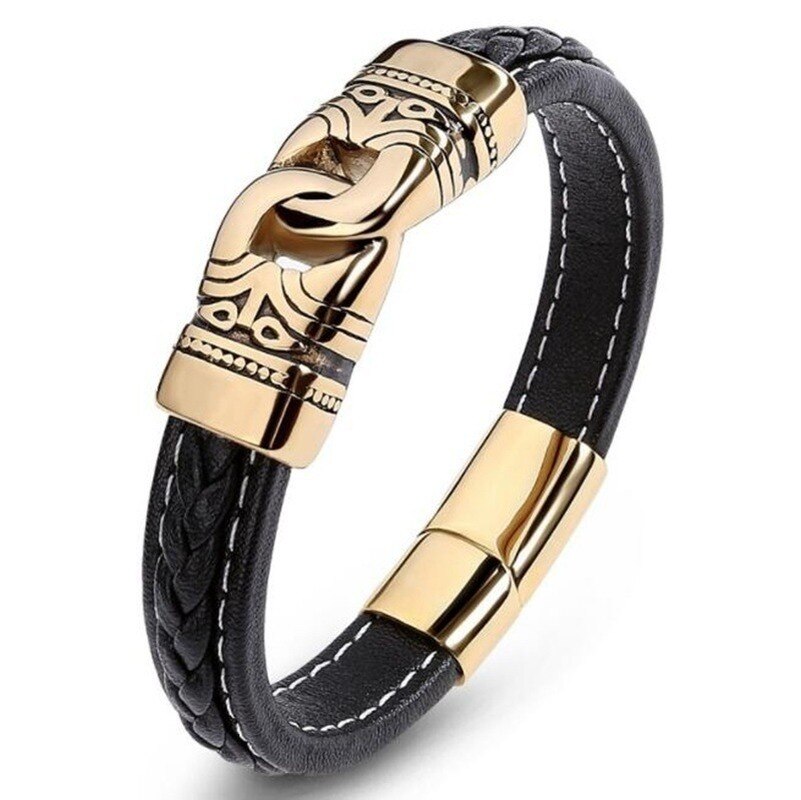 Viking Celtic Rune Bracelet Nordic Hammer Bracelet Leather Wrapped Bracelet Jewelry stainless steel jewelry: Gold-color