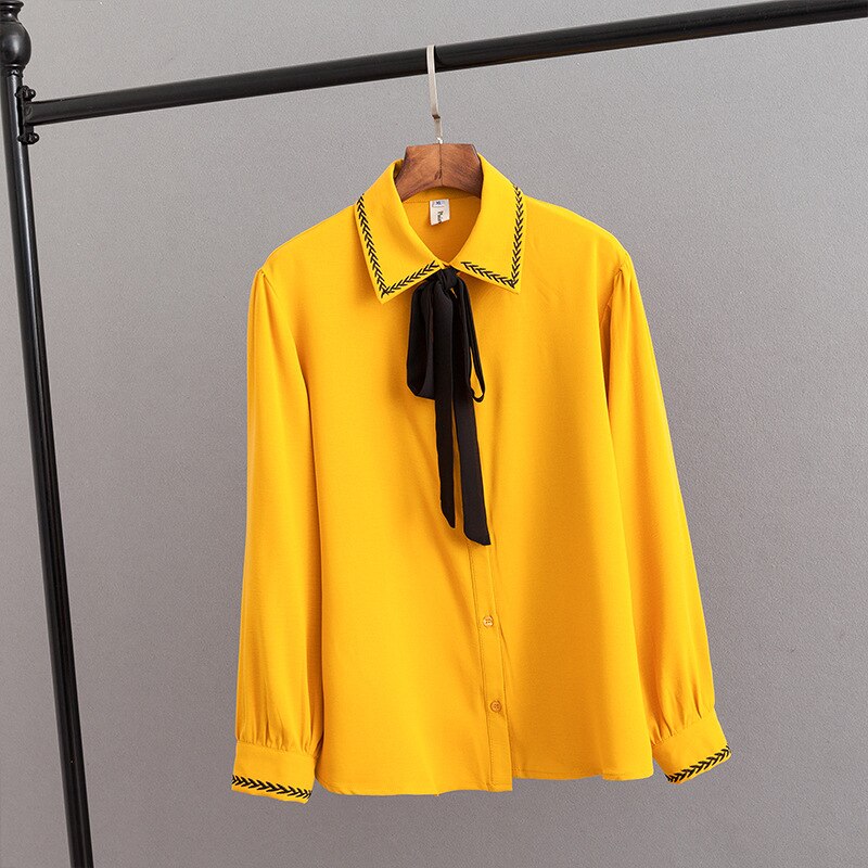 Dames Lente Herfst Plus Size Tops Voor Vrouwen Blouse Grote Casual Lange Mouw Boog Losse Roze Geel Shirt 4XL 5XL 6XL: YELLOW / 6XL