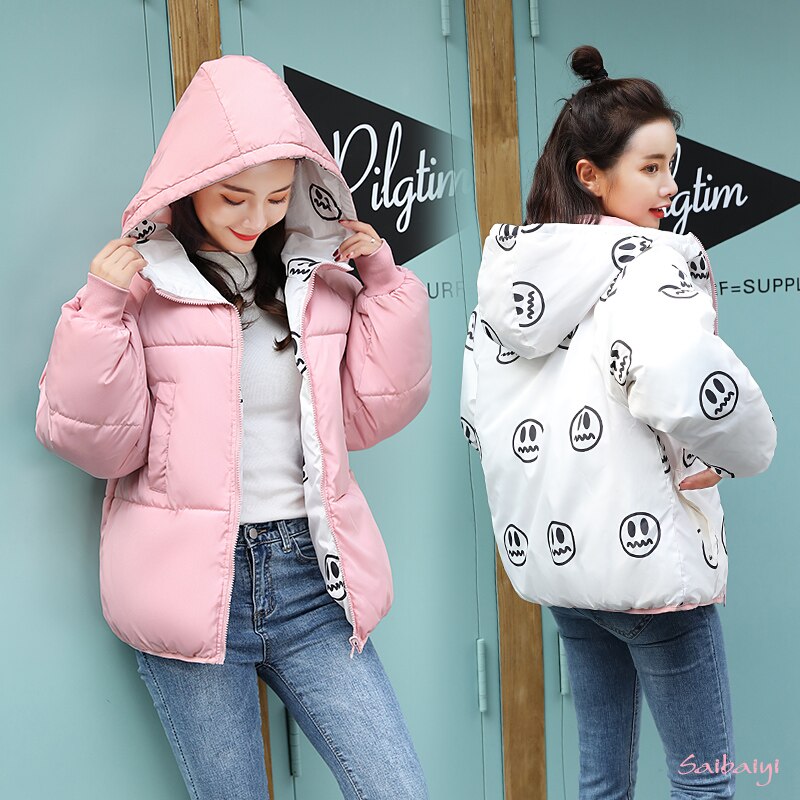 Winter damesjas, beide kanten te dragen, koreaanse stijl, plus size parka, losse dikke capuchon, casual bovenkleding, damesjassen: Roze / Xxxl